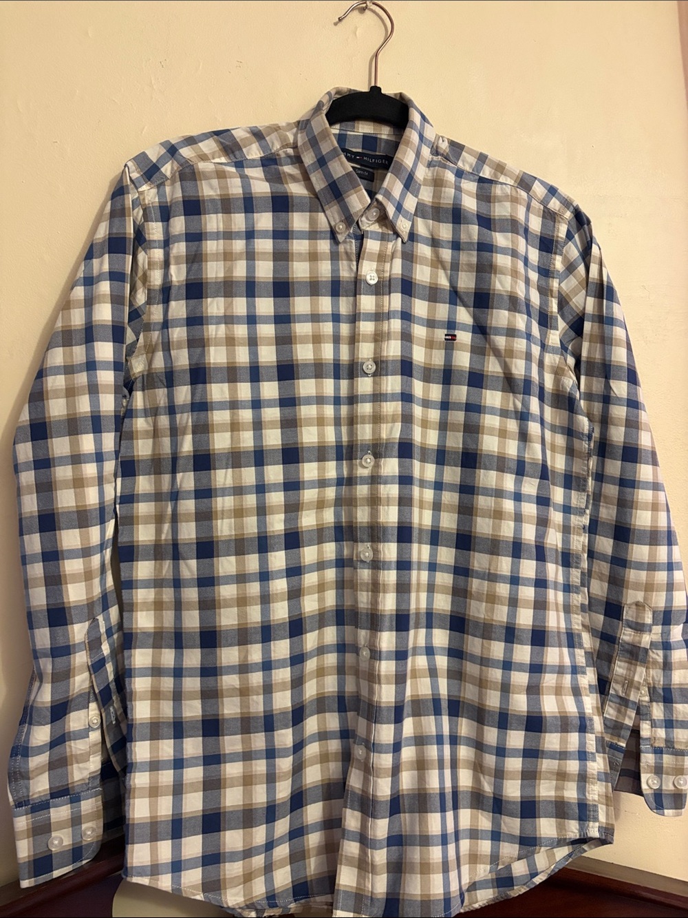 Tommy Hilfiger Blue, Tan & White Plaid Button-Front Shirt. Cotton